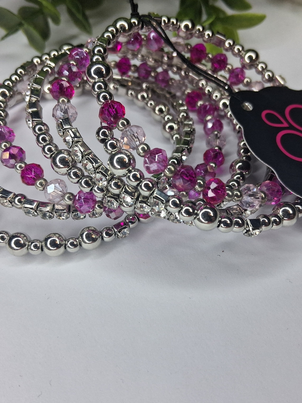 Silver And Pink Beaded Coil Bracelet With Rhinestones